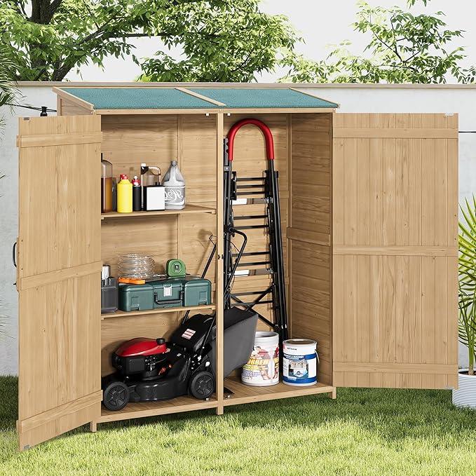 Outdoor Wooden Large Storage Cabinet Garden Shed Outside Wood Tool Organizer with Waterproof Roof Shelves 2 Doors & Adjustable Shelving for Garden Yard Organization