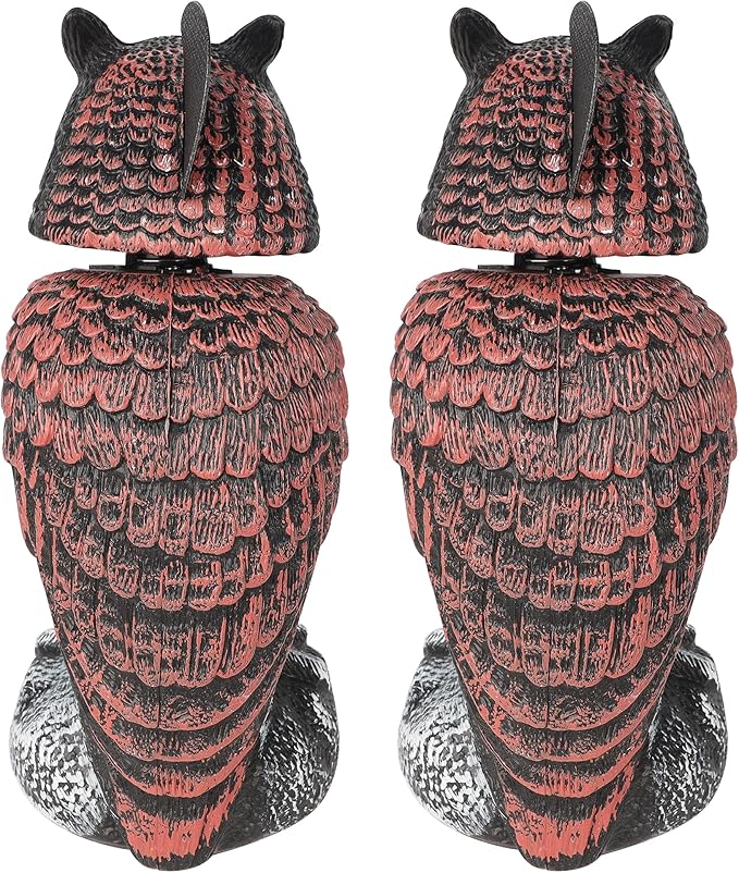 Hausse 2 Pack Bird Scarecrow Fake Owl Decoy Sculpture, Rotating Head Plastic Owl Bird Deterrents, 10.6 Inch Height Nature Enemy Horned Pest Repellent for Outdoor Garden Yard