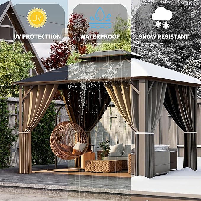 Kingdura Hardtop Gazebo 10'x12' with Double Polycarbonate Roof Canopy, Outdoor Gazebo with All-Weather Resistant Aluminum Frame Permanent Pavilion, UV Blocking for Patio Lawn Garden (Brown)