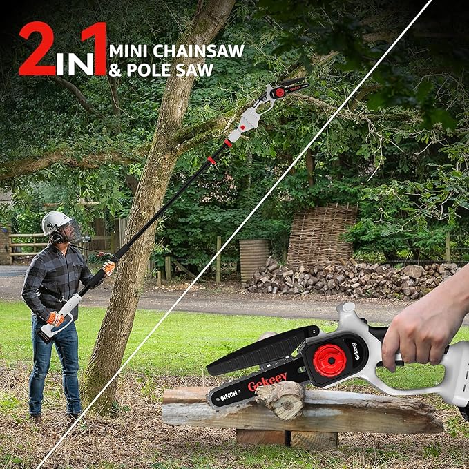 2-in-1 Electric Pole Saw for Tree Trimming, 6 Inch Cordless Mini Chainsaw with Max 15 FT Extension Pole, Battery Powered Pole Chainsaw with 2PCS 4.0 Ah Batteries, Adjustable Head for Gradening