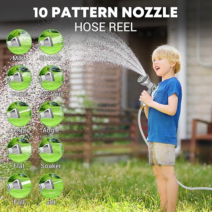 SILVEL 1/2 in x 130 FT Retractable Garden Hose Reel, Upgraded UV Resistant Heavy Duty Automatic Hose Reel Wall Mount with 10 Pattern Nozzle, Any Length Lock & Slow Return System, 180°Swivel Bracket