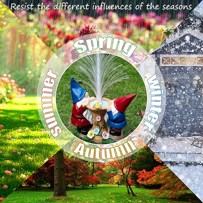 Gnome Statue Solar Garden Decor with LED Lights, Resin Gnomes Figurine and Colour Changing Optical Fiber Solar Light,Outdoor Decorations for Balcony, Patio, Yard, Lawn, Gifts for Women