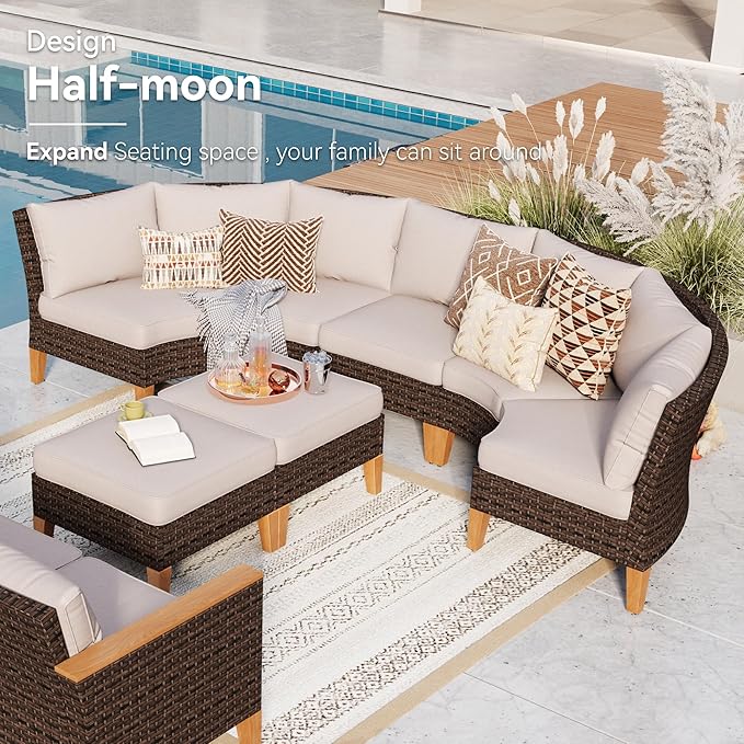 GREEN PARTY 7 Pieces Wicker Patio Furniture Set with 56" Fire Pit Table, All-Weather Outdoor Rattan Patio Half-Moon Curved Sectional Sofa Conversation Set for Garden, Backyard