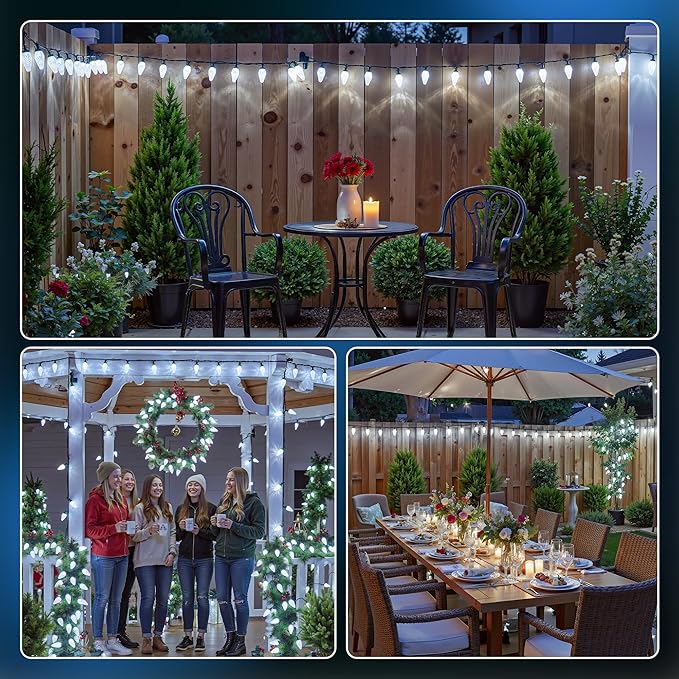 Brightown 2 Pack White C9 LED Christmas Lights Outdoor, 33ft 50 LED Waterproof Strawberry String Lights, Plug-in Extendable Green Wire Lights String for Outdoor Indoor Patio Party Decoration