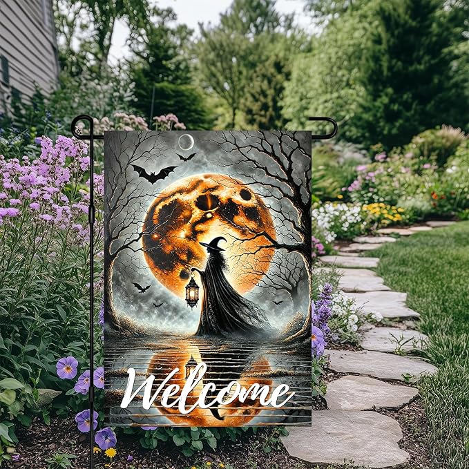 Halloween Garden Flag 12x18 Inch Witch Welcome Spooky Flag Full Moon Bats Haunted Outdoor Yard Decor House Banner Porch Lawn Patio Home Decoration