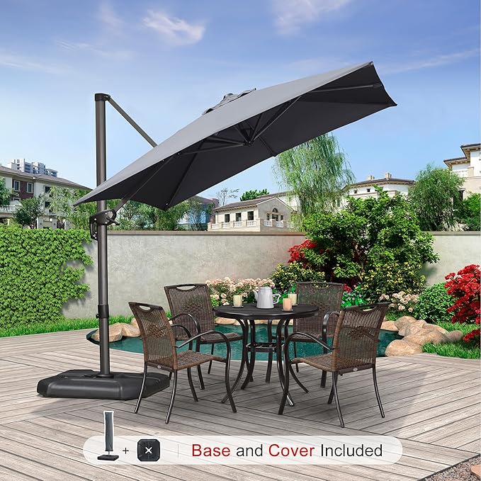 PURPLE LEAF 8'×8' Patio Cantilever Umbrella with Base Included Offset Outdoor Umbrella with cover Square umbrella outdoor patios for Backyard Pool Garden Light Grey