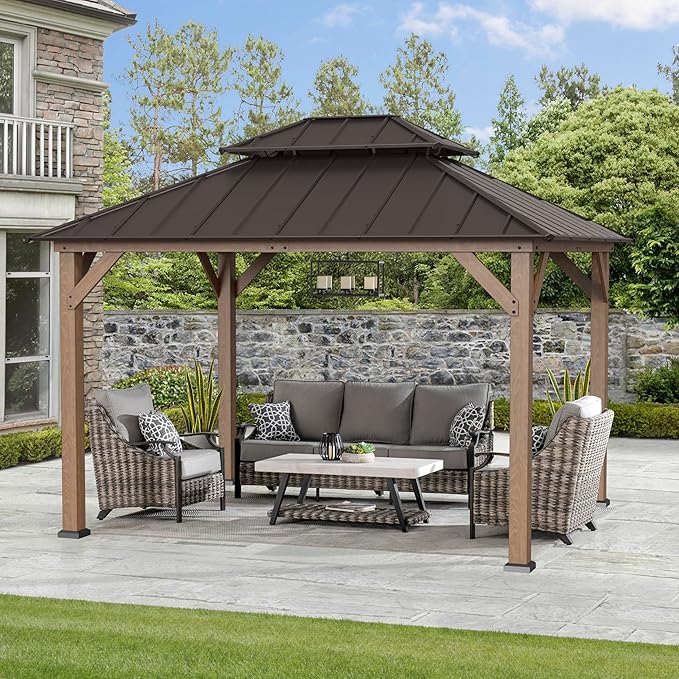 SUNJOY 10 x 12 ft. Wood Gazebo, Outdoor Patio Cedar Framed Steel Hardtop Gazebo with 2-Tier Metal Roof, Suitable for Patios, Lawn and Backyard, Dark Brown Roof + Dark Wood Frame