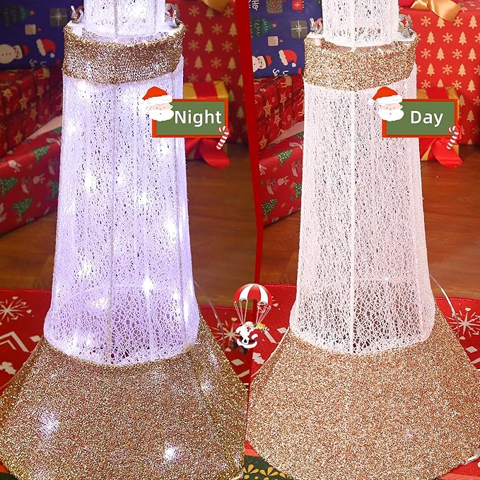 60-Inch Outdoor Christmas Decorations Outdoor Lighted Lamp Post 3D Lamppost LED Lighted Post Christmas Decoration with 128 LED Lights & Bow Holiday Decorations for Yard, Porch, Patio
