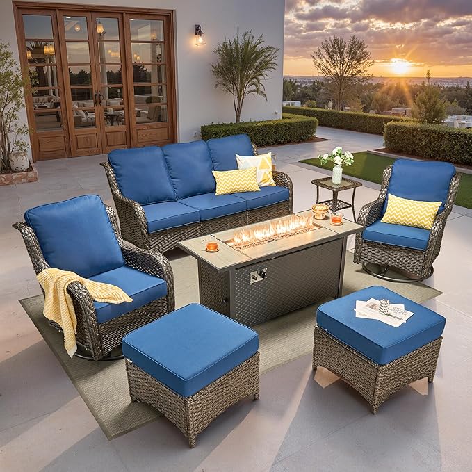 ovios 7 Pieces Patio Furniture Set, Outdoor Wicker Sofa Couch with Swivel Chairs 54" Fire Pit Table, High Back All Weather Modern Conversation Sets, Brown Rattan, Navy Blue