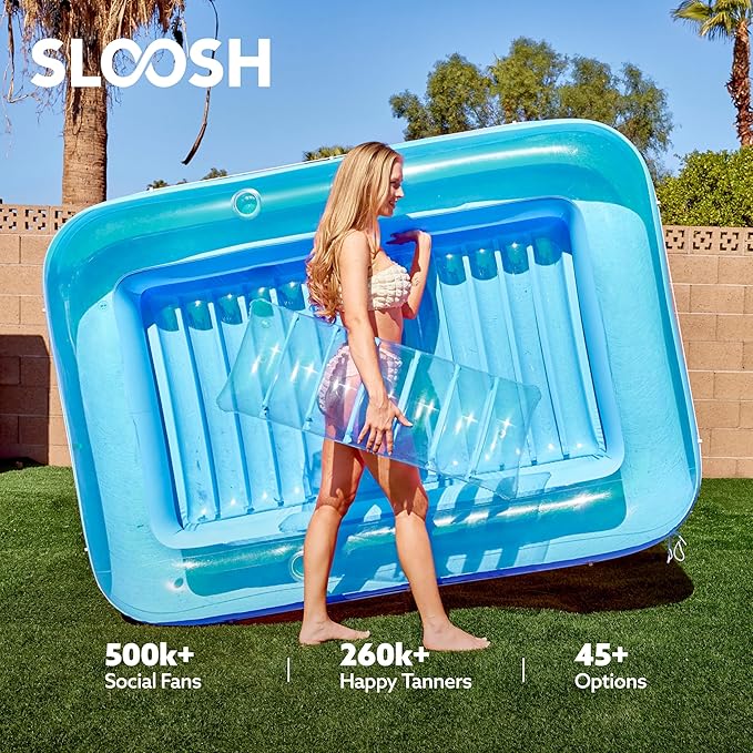 SLOOSH Inflatable Tanning Pool Lounger Float, 85" x 57" Extra Large Pool Floats Adult with Pillow, 4 in 1 Suntan Tub Raft Floatie,Sunbathing Bed Lounge for Water Blow Up Ball Pit Party Gifts, XL-Blue