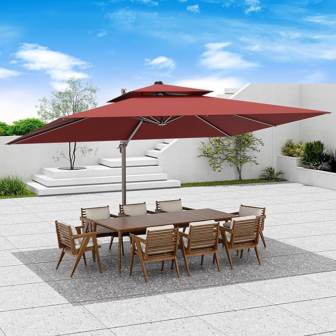 10x13 FT Patio Umbrella, Large Cantilever Rectangular Double Top Heavy Duty Offset Umbrellas with 360° Rotation, Outdoor shade for Garden Deck Pool Patio, Red