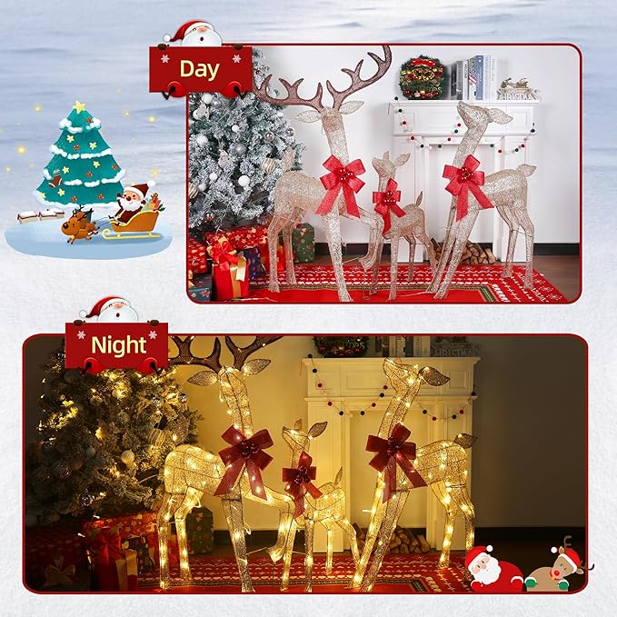 3D Reindeer Family Christmas Decor Set 4.5Ft Lighted Christmas Reindeer/Deer Family Set Outdoor Christmas Yard Decorations with Stakes & Zip Ties for Holiday Lawn Patio Party
