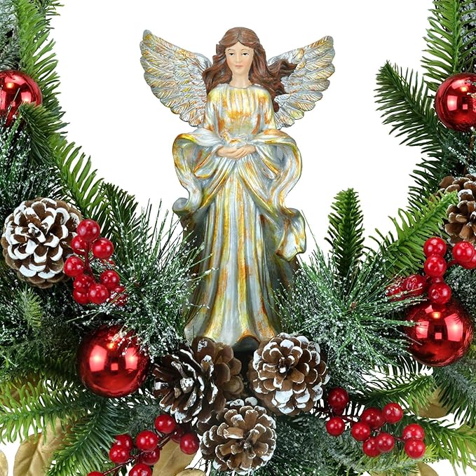 YULETIME 24" Angel Christmas Wreath, Artificial Holiday Wreath with Resin Angel Statue, Natural Rattan Ring & Pine Cones, Golden Leaves, Red Baubles, Spruce Branches, Snowy Pine Needles