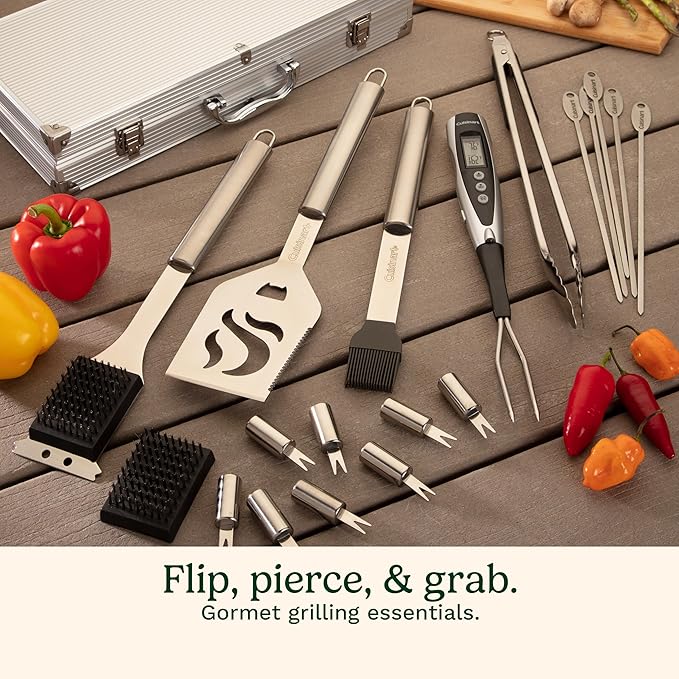 Cuisinart Deluxe Grill Tool Set, 20-Piece BBQ Kit with Aluminum Case and Digital Temperature Fork, Spatula, Tongs, Grill Accessories and Utensils, Grilling Set for Cookout (Pack of 4)