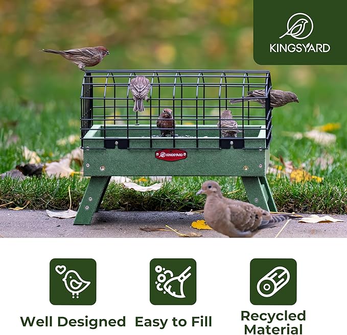 Kingsyard Squirrel Proof Ground Bird Feeder for Outdoors - Recycled Plastic Platform Feeding Station, Fly-Through Metal Caged Wild Bird Feeder for Small Birds, 5 LBS Large Capacity, Green