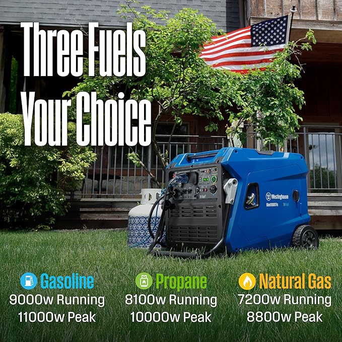 Westinghouse 11000 Peak Watt Tri-Fuel Portable Inverter Generator, Remote Start, Transfer Switch Ready, Gas/Propane/Natural Gas Powered, Low THD, Safe for Electronics, Parallel Capable, CO Sensor