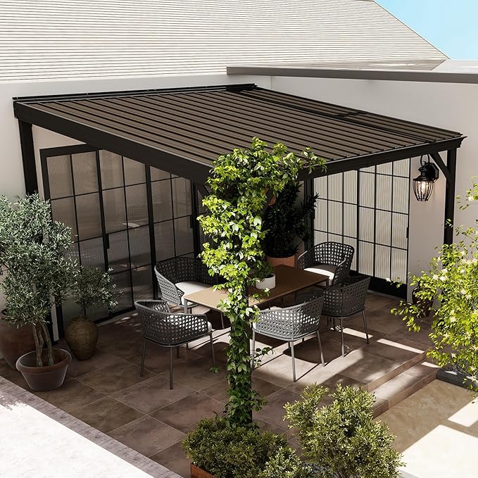 Domi 10’x10’ Lean-to Gazebo, Hardtop Wall-Mounted Gazebo Pergola with Sloping Galvanized Steel Roof and Upgraded Drainage System, Outdoor Permanent Metal Shelters for Patio Backyard Deck, Brown