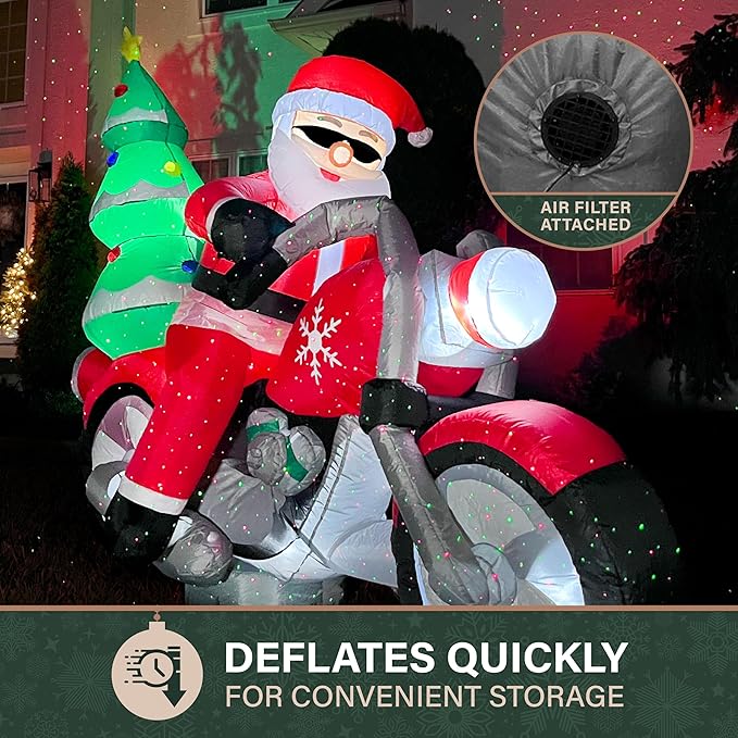 Fraser Hill Farm 7-Ft. Wide Santa on Motorcycle Blow Up Inflatable with Lights, Outdoor Christmas Inflatable Decoration for Lawn and Yard, Giant Festive Holiday Decor