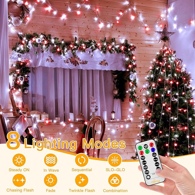 Ollny Red and White Christmas Lights Waterproof, 400LED 131FT String Lights with Remote 3 Timer, Plug in 8 Modes Fairy Light for Xmas Tree Indoor Bedroom House Party Wedding Decorations
