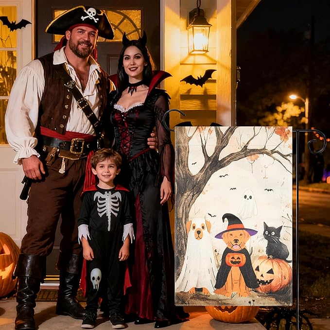 Halloween Garden Flag - Halloween Decorations Outdoor, Yard Flag for Outdoor Holiday Home Decor, Double Sided 12x18 Inch - Cat & Dogs