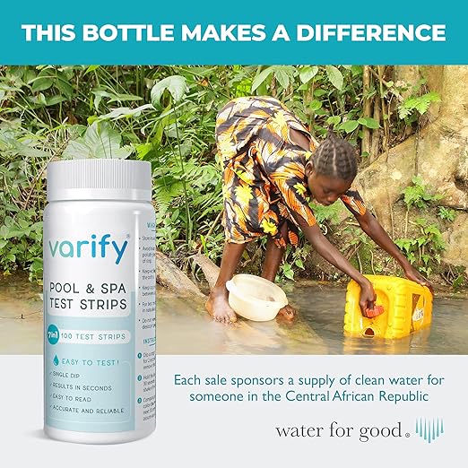 Varify 7 in 1 Pool and Spa Test Strips- Easy to Use Water Testing Kit for Pool, Spa, Hot Tub & More - Tester Strip for Water Hardness, Chlorine, Bromine, pH, Alkalinity and Cyanuric Acid (100 Strips)