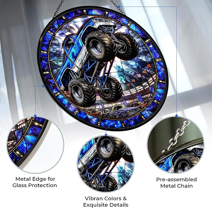 Monster Truck Stained Glass Window Hanging Window Suncatcher 12" Glass Panel with Metal Chain and Hooks Sun Catchers Indoor Wall Art Home Decor Gift for Women Mother's Day