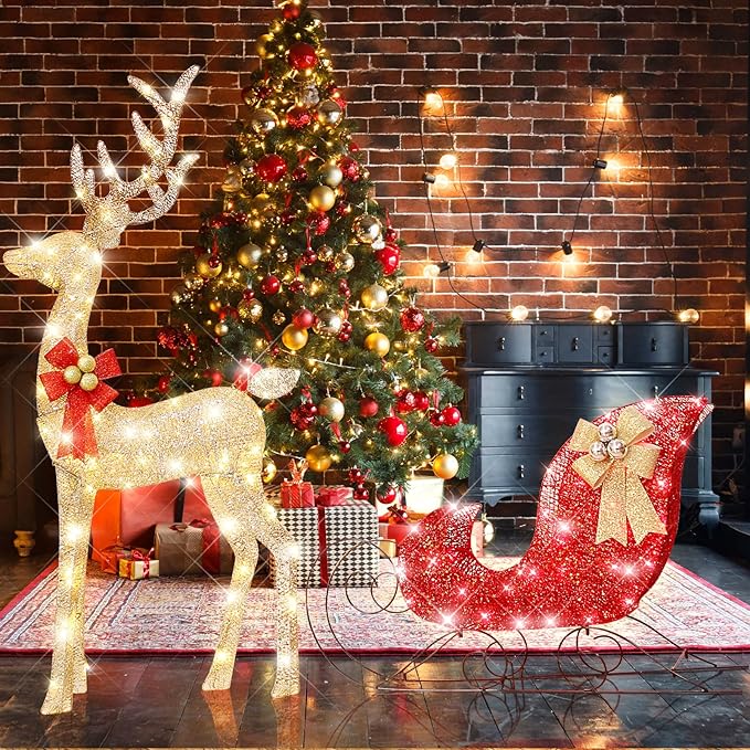 54”Christmas Deer Sleigh Set Outdoor Indoor Decoration 3D Lighted Reindeer Red Sleigh Holiday Display Christmas Tree Decorations Lighted up Santa Sleigh Porch/Lawn/Yard/Garden Addition