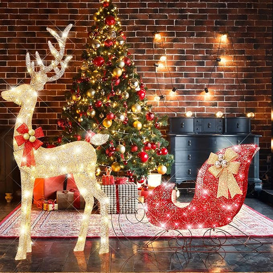 54”Christmas Deer Sleigh Set Outdoor Indoor Decoration 3D Lighted Reindeer Red Sleigh Holiday Display Christmas Tree Decorations Lighted up Santa Sleigh Porch/Lawn/Yard/Garden Addition