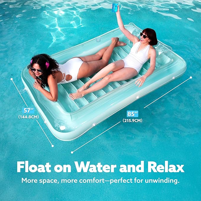 SLOOSH Inflatable Tanning Pool Lounger Float, 85" x 57" Extra Large Pool Floats Adult with Pillow, 4 in 1 Suntan Tub Raft Floatie,Sunbathing Bed Lounge for Water Blow Up Ball Pit Party Gifts, XL-Cyan