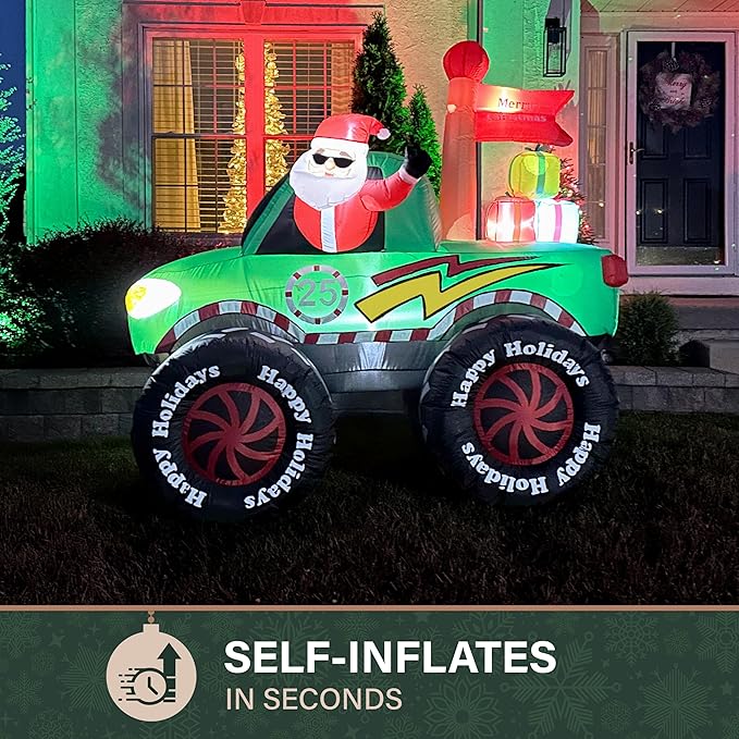 Fraser Hill Farm 6-Ft. Tall Santa in Monster Truck Blow Up Inflatable with Lights, Outdoor Christmas Inflatable Decoration for Lawn and Yard, Giant Festive Holiday Decor
