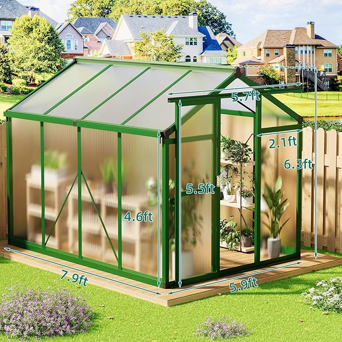 6x8 ft Greenhouse, Large Aluminum Greenhouses for Outdoors, Heavy Duty Polycarbonate Greenhouse with Roof Vent, Walk-in Green Houses for Winter Garden, Backyard, Patio, Lawn, Easy Assembly