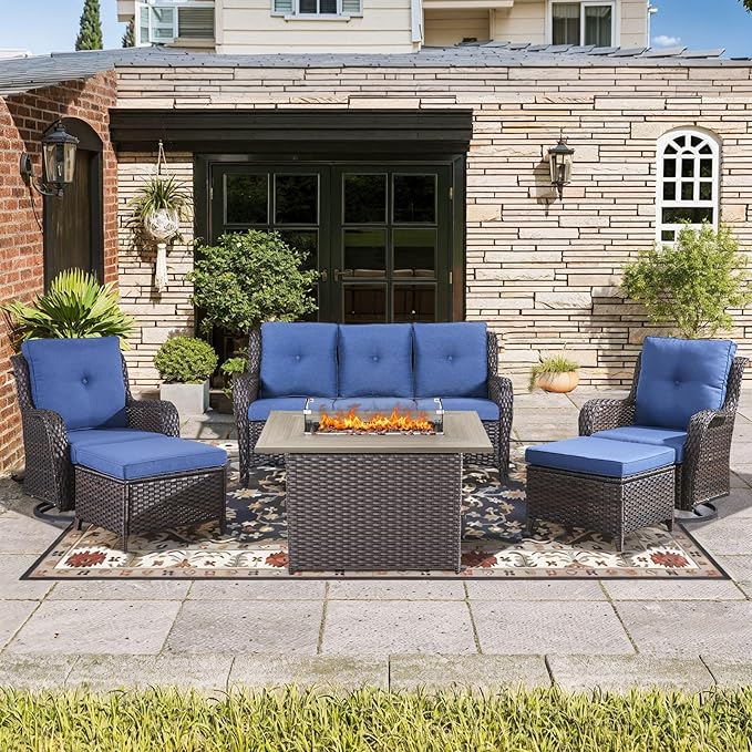 Wicker Outdoor Conversation Se with 50,000 BTU Gas Propane Fire Pit Tablet-6 Pieces Outdoor Wicker High Back Couch Patio Furniture for Deck Poolside Backyard