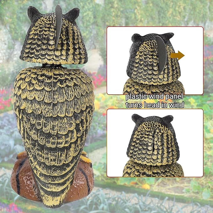 Hausse 2 Pack Bird Scarecrow Fake Owl Decoy Sculpture, 10.6 Inch Height Golden Rotating Head Plastic Owl Bird Deterrents, Nature Enemy Horned Pest Repellent for Outdoor Garden Yard