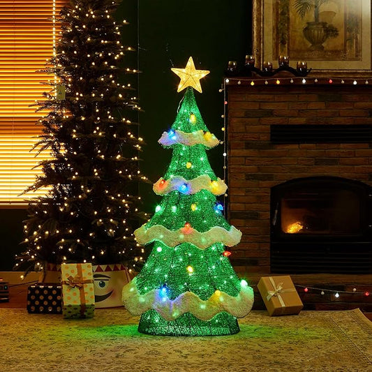 Glitzhome 56.25" H Lighted Christmas 3D Mesh Tree, Outdoor Decor with Colorful Long-Lasting Bulbs Holiday Lawn Ornament Yard Decoration Outdoor and Indoor use Long Lasting, 171 Green LED Lights