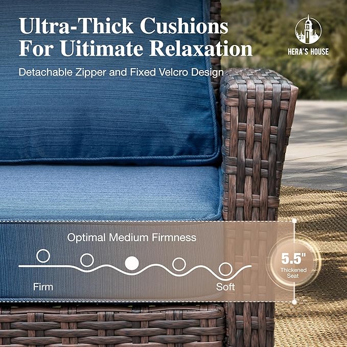 Luxury Patio Furniture Set with 5.5" Thick Cushion, Outdoor Seating Furniture, High Back Swivel Chairs with Tempered Glass Table, Wicker Conversation Sofa Set for Deck Lawn Deck Yard, Blue