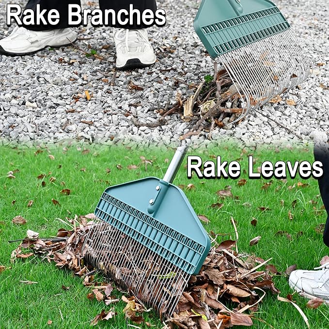 Thatch Rake 66-Inch Adjustable Handle Dethatcher Rake,17-Inch Wide Leaf Rakes, Suitable for Gardens, Yards, Lawns, Used for Cleaning Dead Grass, Thatch, Leaves, Pine Needles, Branches