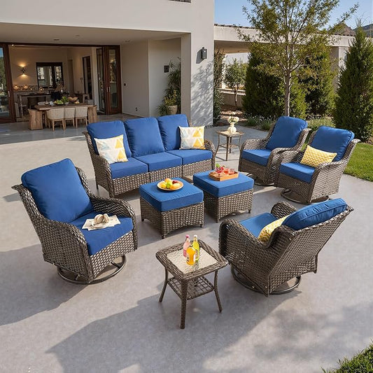 ovios 9 Pieces Patio Furniture Set, Outdoor Wicker Sofa Couch with Swivel Chairs Ottomans Comfy Cushions, High Back All Weather Modern Conversation Sets, Brown Rattan, Navy Blue