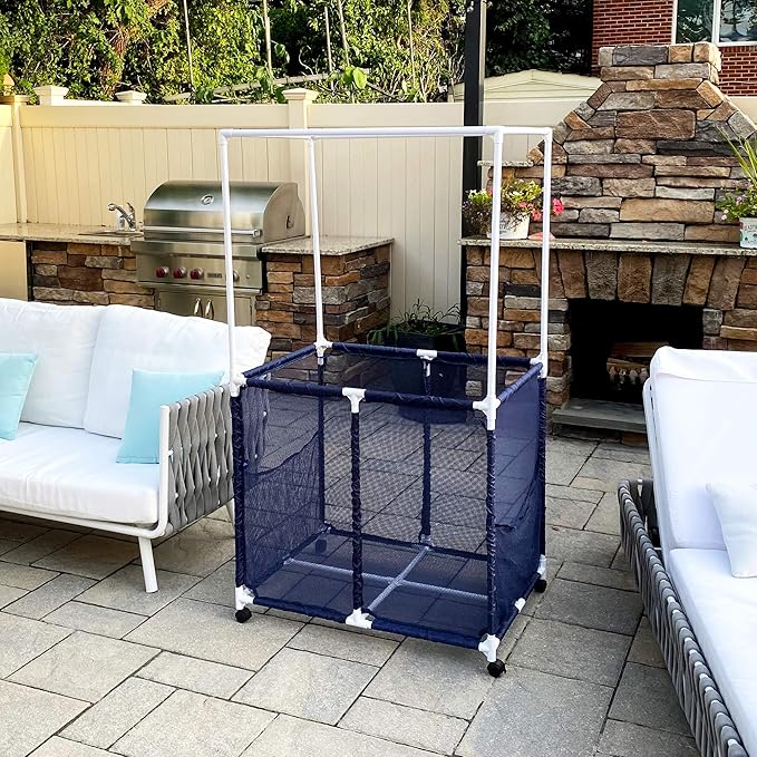 Essentially Yours Pool Equipment Holder with Towel Drying Bars, Mesh Rolling Pool Storage Organizer Bin, Extra Large with Towel Hanger, (34.5" W x 25" L x 62.6" H), Blue/White Style 418566