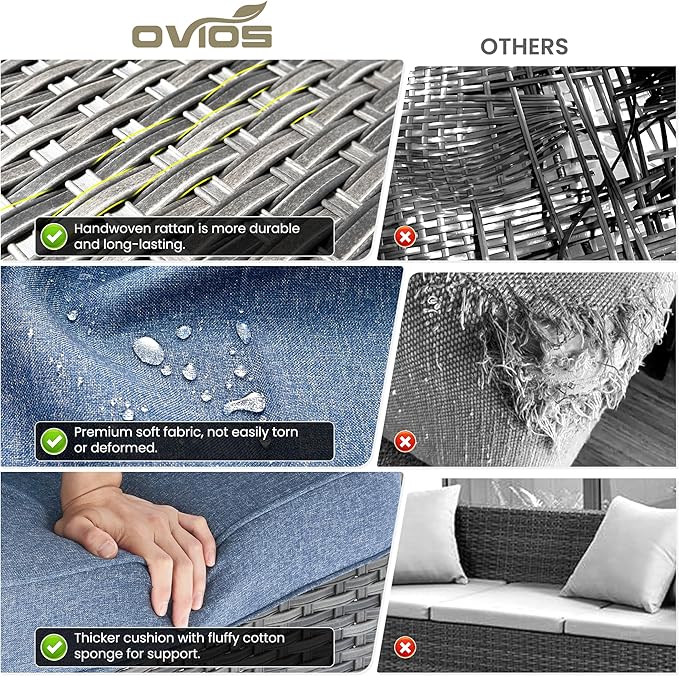 ovios 5 Pieces Patio Furniture Set, Outdoor Wicker Sofa Couch with Swivel Chairs 42" Fire Pit Table, High Back All Weather Modern Conversation Sets, Grey Rattan, Denim Blue