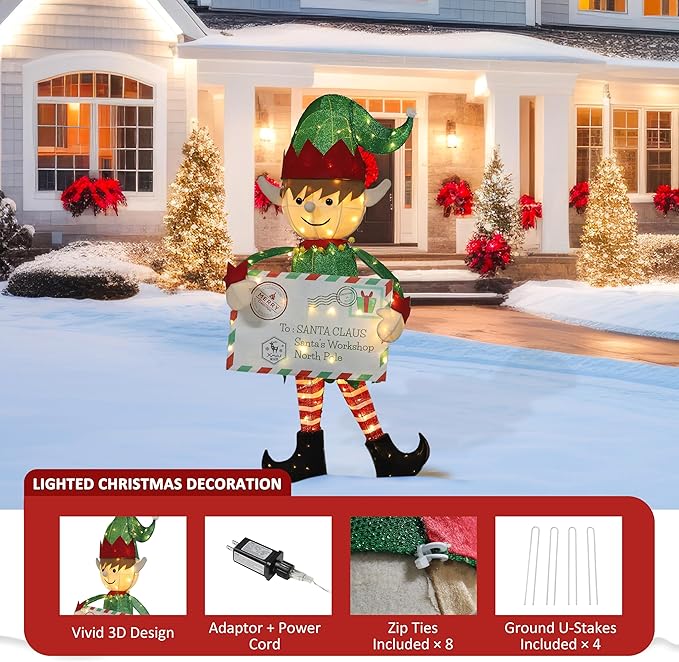 VEIKOU 4.8 FT Lighted Christmas Elf Decoration with Envelope, 3D Christmas Elf Yard Decor with 100 Warm LED Lights, Ground Stakes and Zip Ties, Outdoor Xmas Holiday Display for Garden, Lawn, Patio