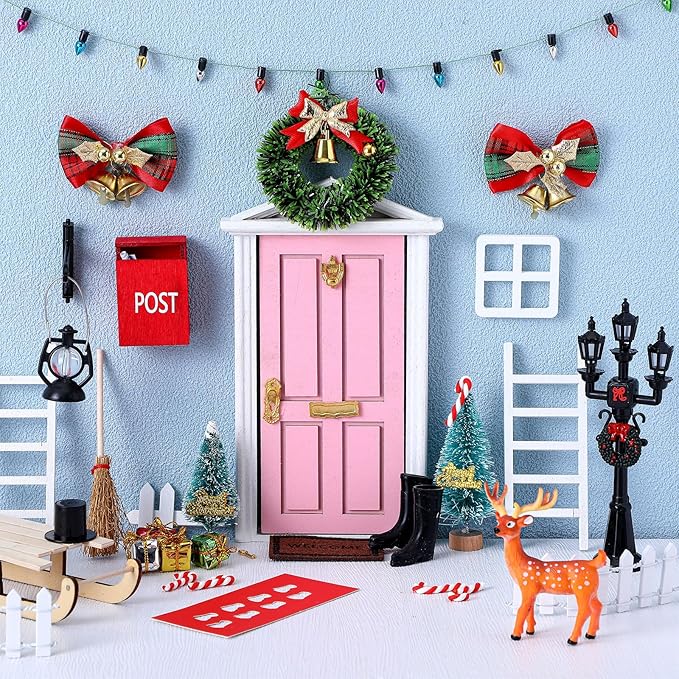 Shappy 39 Pcs Christmas Fairy Door Kit Wooden Elf Fairy Doors Decorations with Accessories Mini Door Tiny Miniature for Christmas Tale DIY Craft Garden Home Party Decoration (Pink)