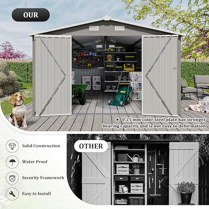 10x14 FT Outdoor Metal Storage Shed with Lockable Door, Steel Garden Utility Shed with Vents, Backyard Patio Tool Shed for Lawn Equipment, Bike, Firewood and Mower Storage, Light Gray