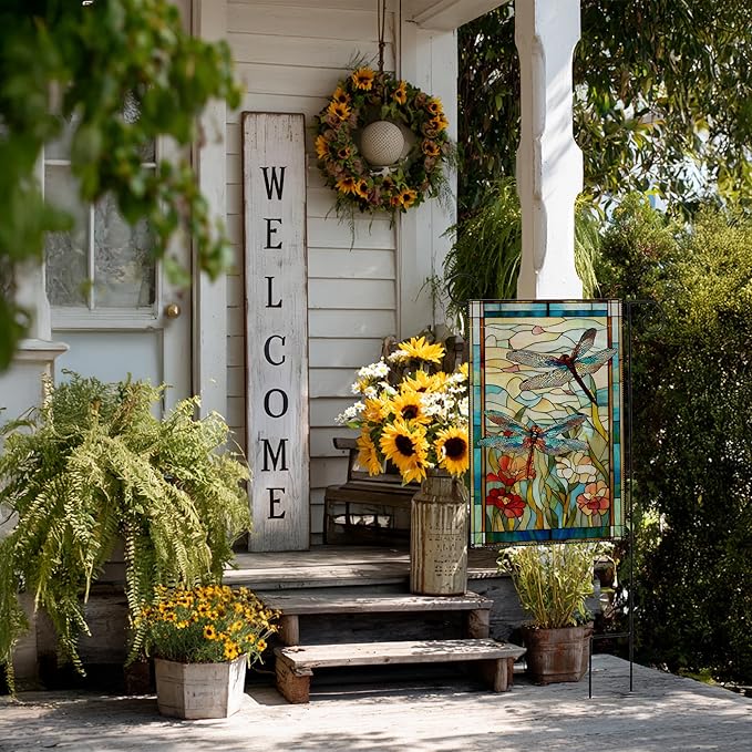 Garden Flags, Dragonfly Garden Flag, Stained Glass Style Dragonfly Floral Flag Double-Sided Flags for Farmhouse Yard Outdoor Decoration-12 x 18inch (Dragonfly)