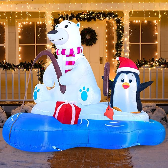 Joiedomi 6 FT Long Christmas Inflatable Polar Bear Fishing with Penguin Decoration, Blow Up Yard Decoration Inflatables with Built-in LEDs for Christmas Party Indoor Outdoor, Yard, Garden, Lawn Décor