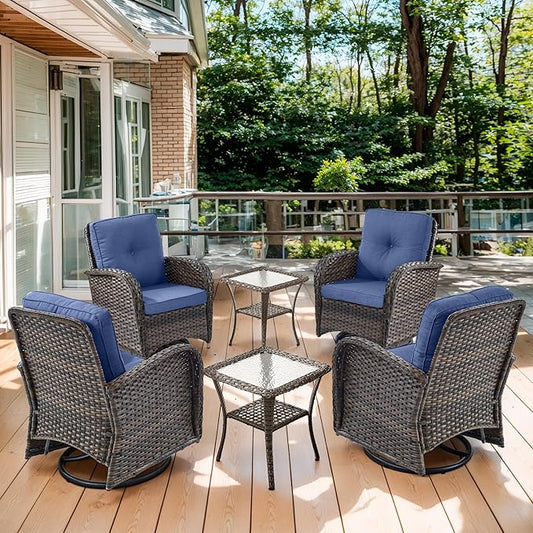 Outdoor Swivel Glider Rocker Chairs Set of 4 - Wicker Patio Furniture Set All Weather Patio Conversatio Sets with 2 Tempered Glass Side Table for Deck Backyard - Brown Wicker Blue Cushion