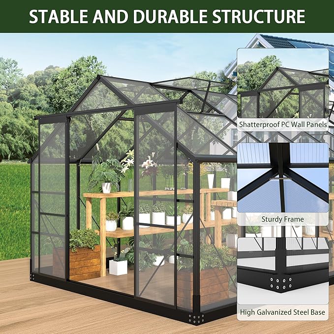 Greenhouses for Outdoors, 8x20 FT Polycarbonate Greenhouses with 4 Adjustable Roof Vents, Walk-in Aluminum Frame Green Houses for Outside with Sliding Doors Fit for Garden, Windproof (8x20FT)