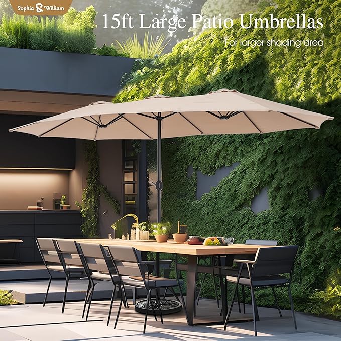 Sophia & William 15 ft Extra Large Patio Umbrella with Base Included, Rectangular Outdoor Umbrella Heavy Duty, Market Umbrella Double-sided Fade Resistant for Pool Garden Backyard, Beige