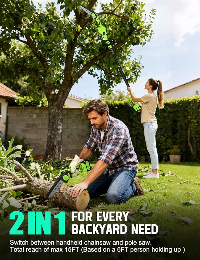 Pole Saws for Tree Trimming, 2-in-1 Electric Pole Saw & 8” Mini Chainsaw Cordless with Extension Pole, 15FT Max Reach Pole Saw Battery Powered, Tree Trimmer Limb Branch Cutter Pruner, 2×3.0Ah Battery