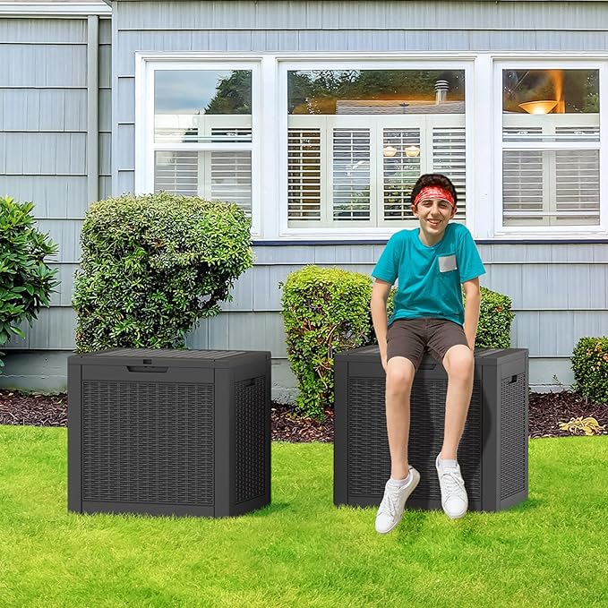 NUNU LAB 32 Gallon Resin Deck Box 2 Pack Outdoor Indoor Waterproof Storage Box for Patio Cushions, Garden Tools, Pool Accessories,Backyard Storage Bin,Black