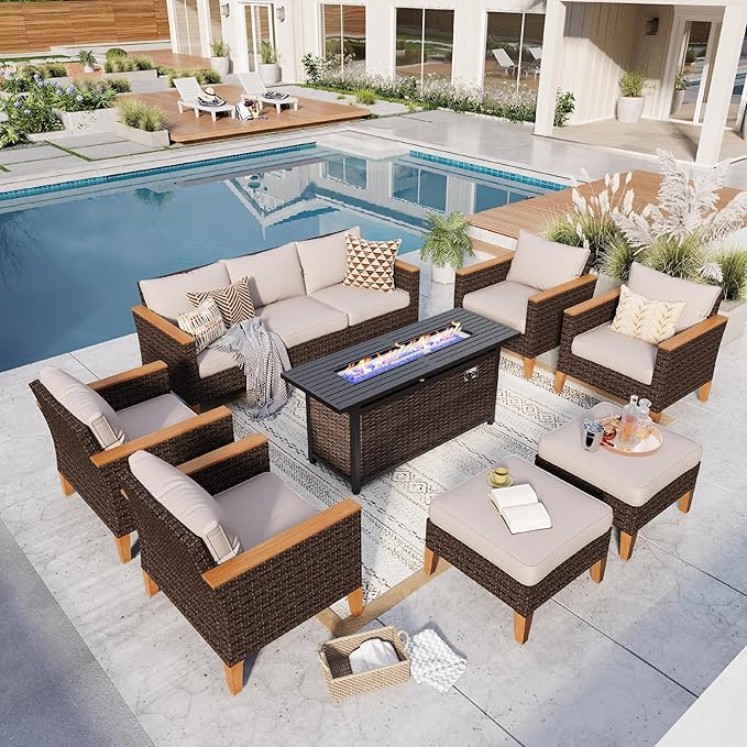 GREEN PARTY 9 Pieces Wicker Patio Furniture Set with 56" Fire Pit Table, All-Weather Outdoor Rattan Patio Sectional Sofa Conversation Set with 4" Thick Cushions for Garden, Backyard, 2 x Ottomans